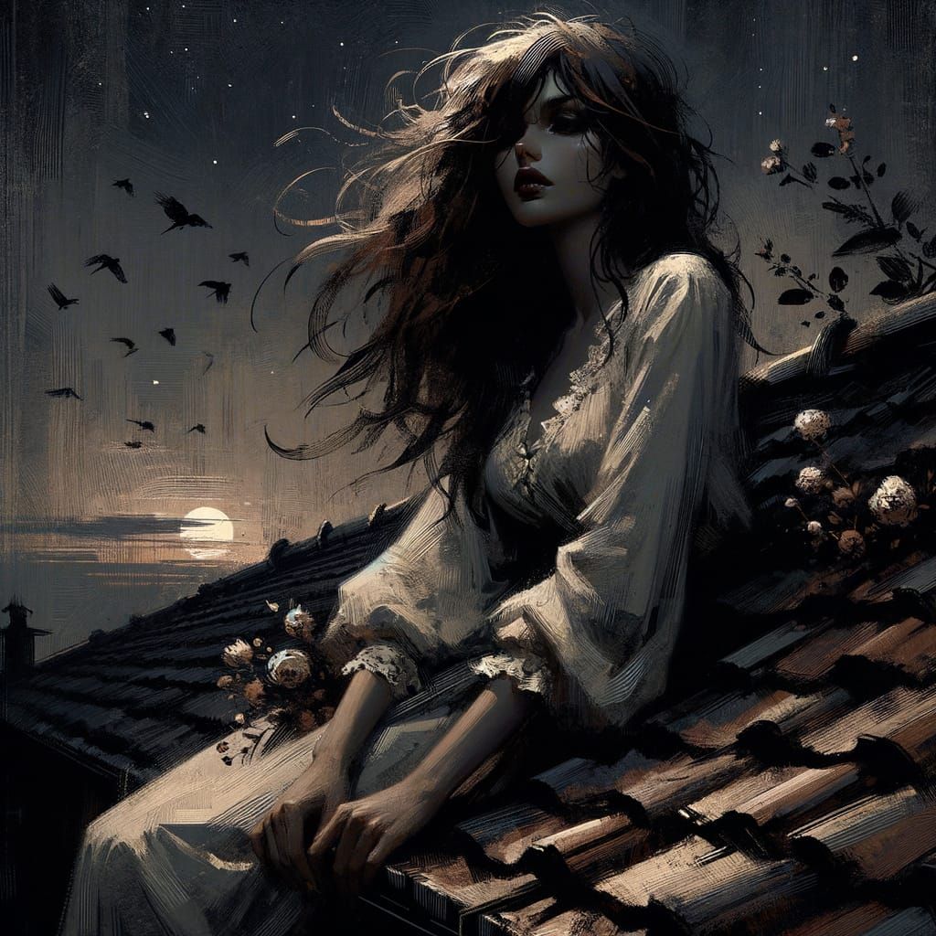 Woman in Midnight Rooftop Contemplation