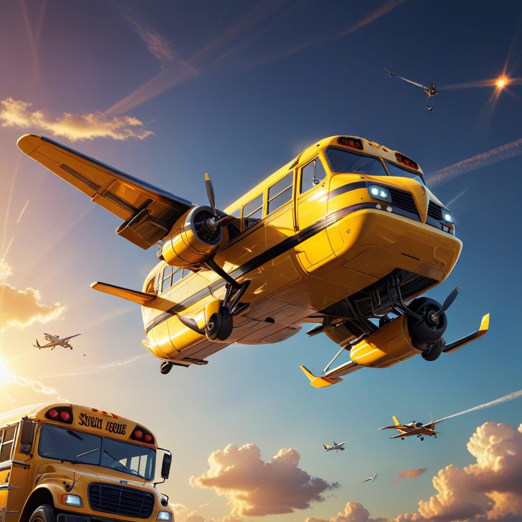 Flying School Bus Airplane Hybrid in Sunset Sky