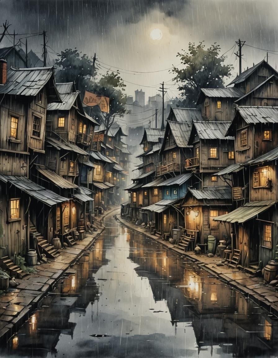 Gloomy Dark Fantasy Shantytown in Watercolor Style
