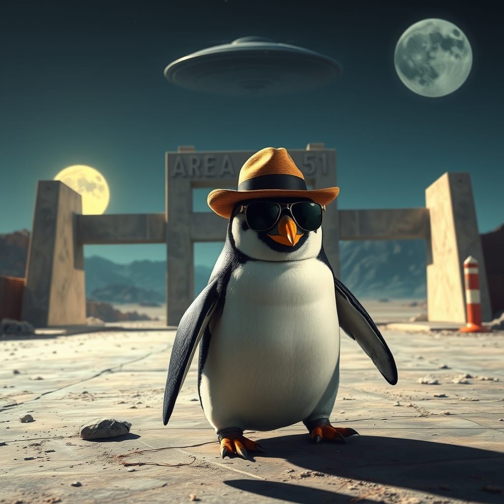 Cowboy Penguin Infiltrates Area 51 Under Full Moon