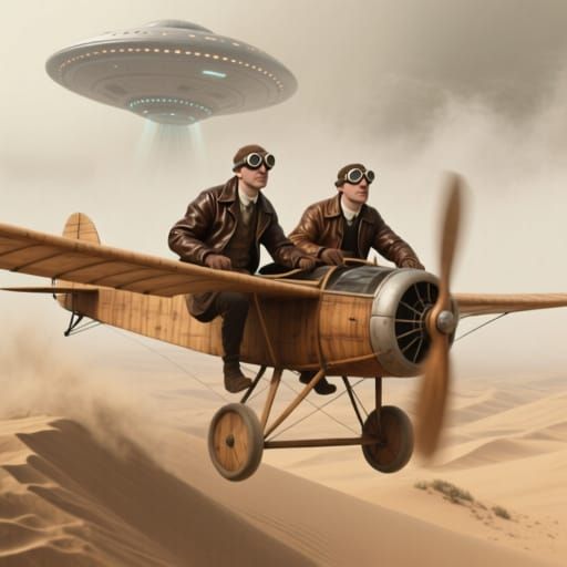 Wright Brothers' Flight with UFO, Vintage Sepia Aesthetic