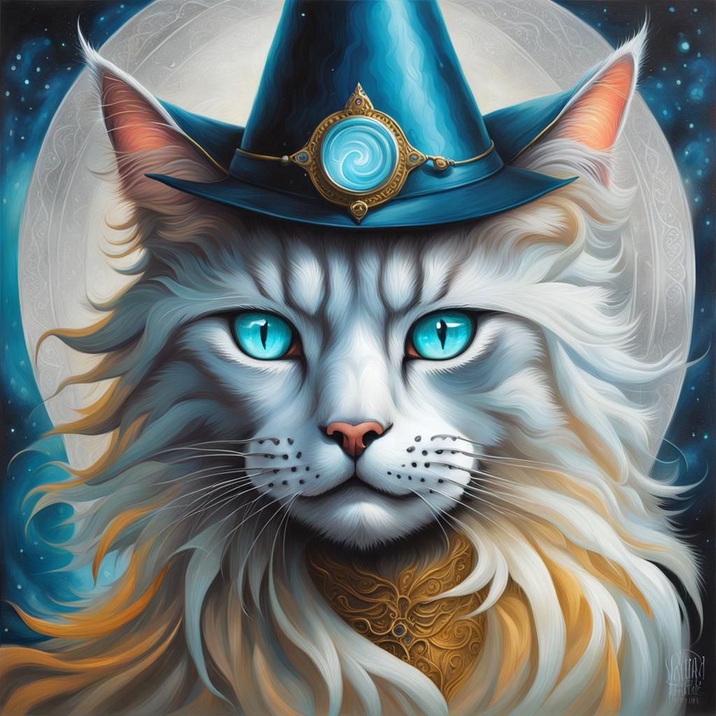 Majestic Feline Sorceress in Vibrant Oil Painting