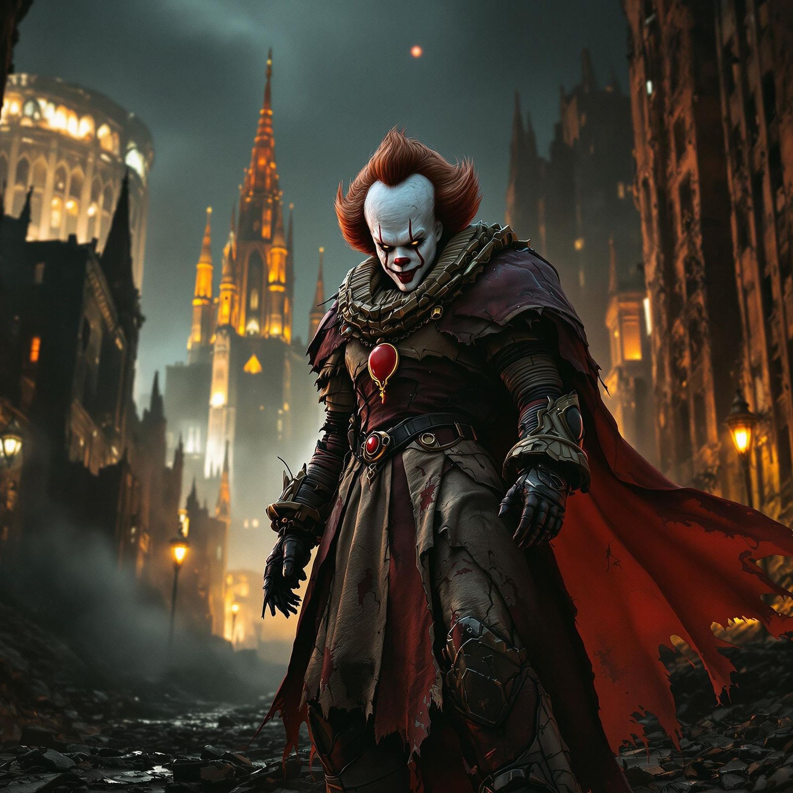 Crimson Space Marine Pennywise Haunts Ruined Cityscape