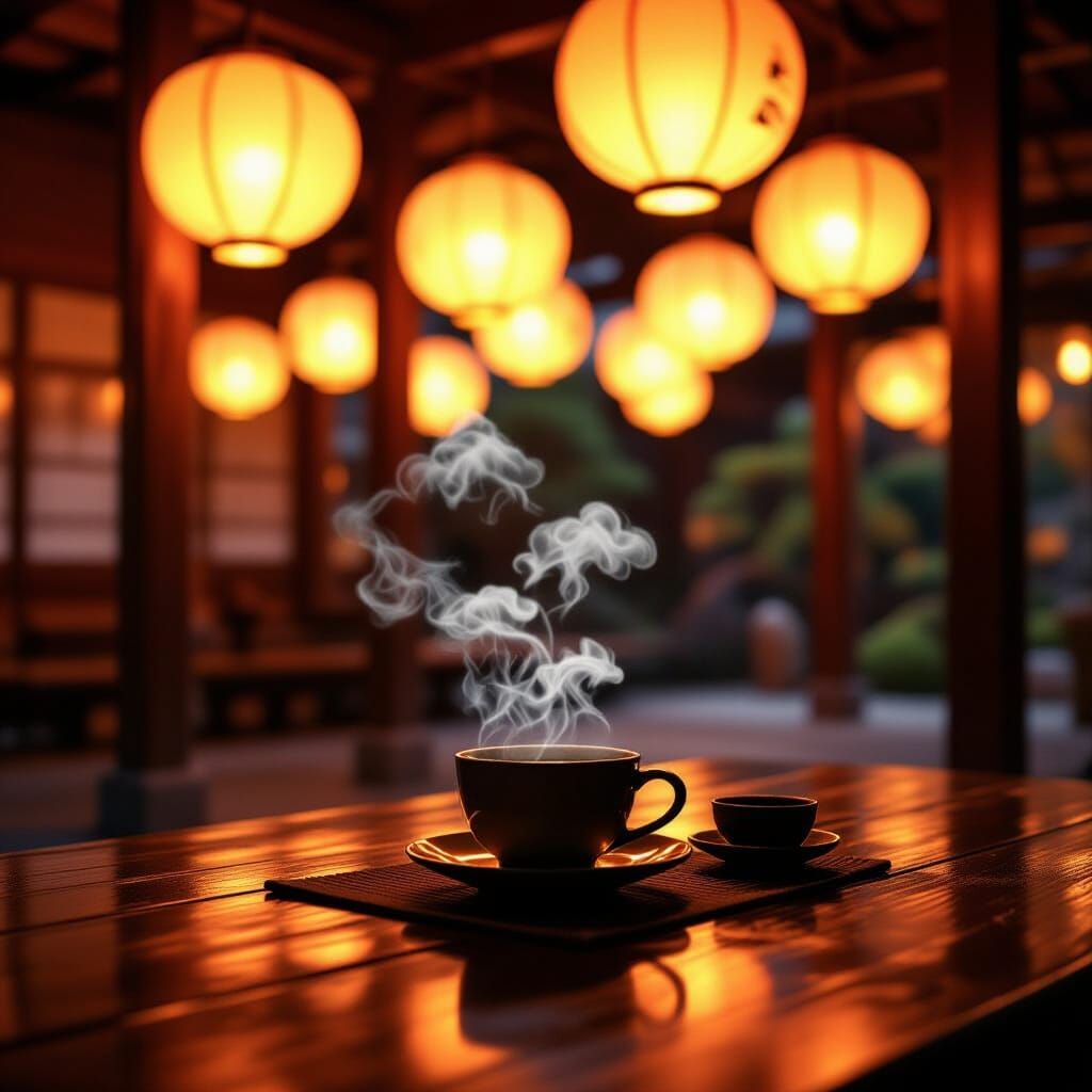 Peaceful Tea Ceremony Under Glowing Lanterns