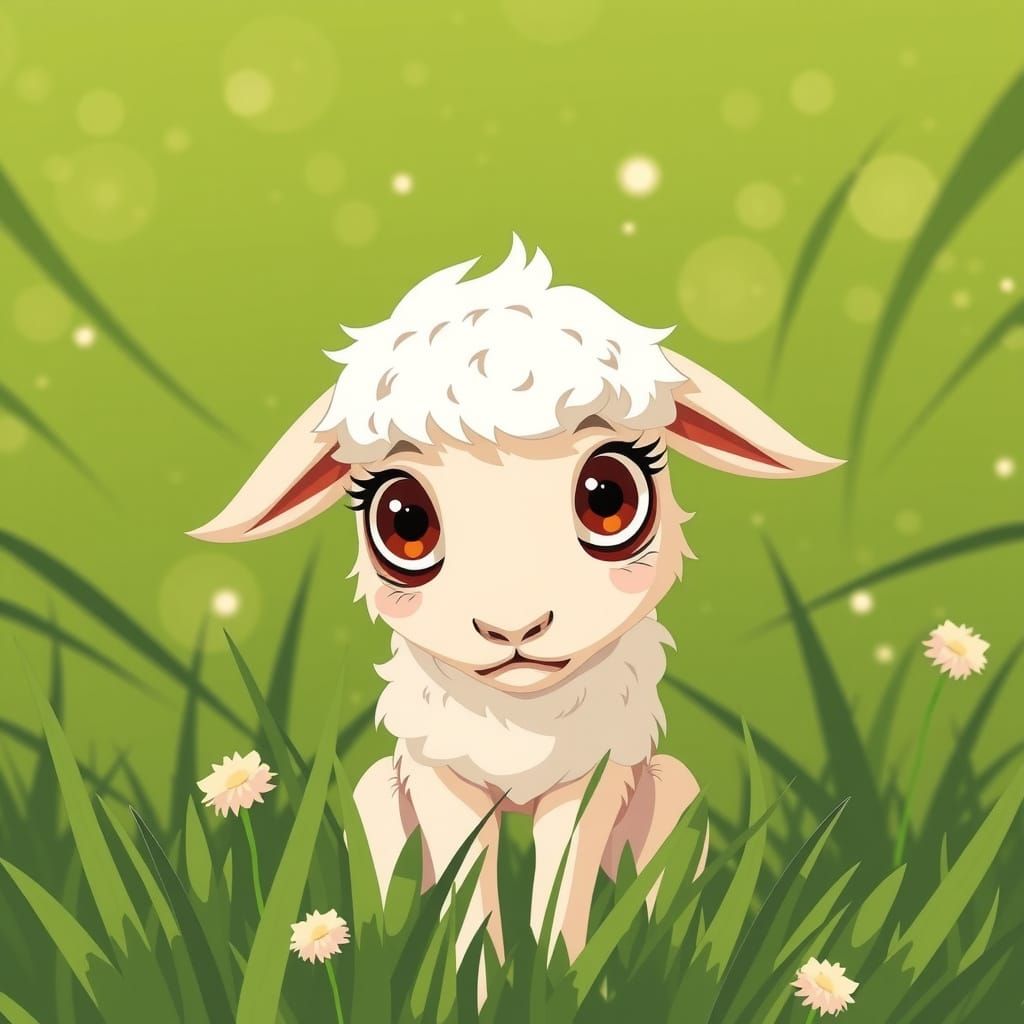 Frightened Lamb in Meadow, Cartoon Illustration