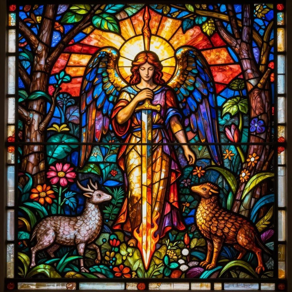 Stained Glass Garden of Eden with Angelic Sword