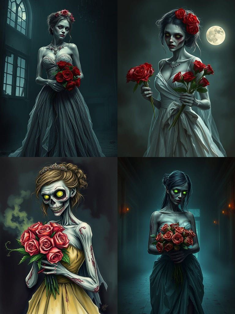 Zombie Prom Queen Holding Ghoulish Rose Bouquet