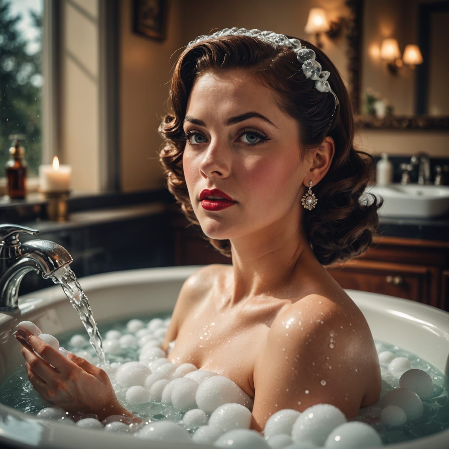 Retro Pin-Up Girl in Bubble Bath, Hyperrealistic