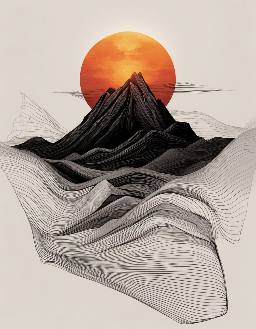 Sunset Behind Towering Mountain Illustration