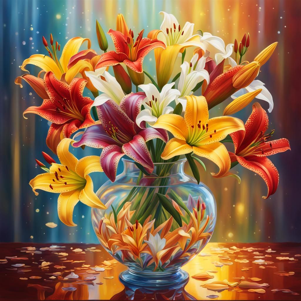 Colorful Lilies in Glistening Crystal Vase