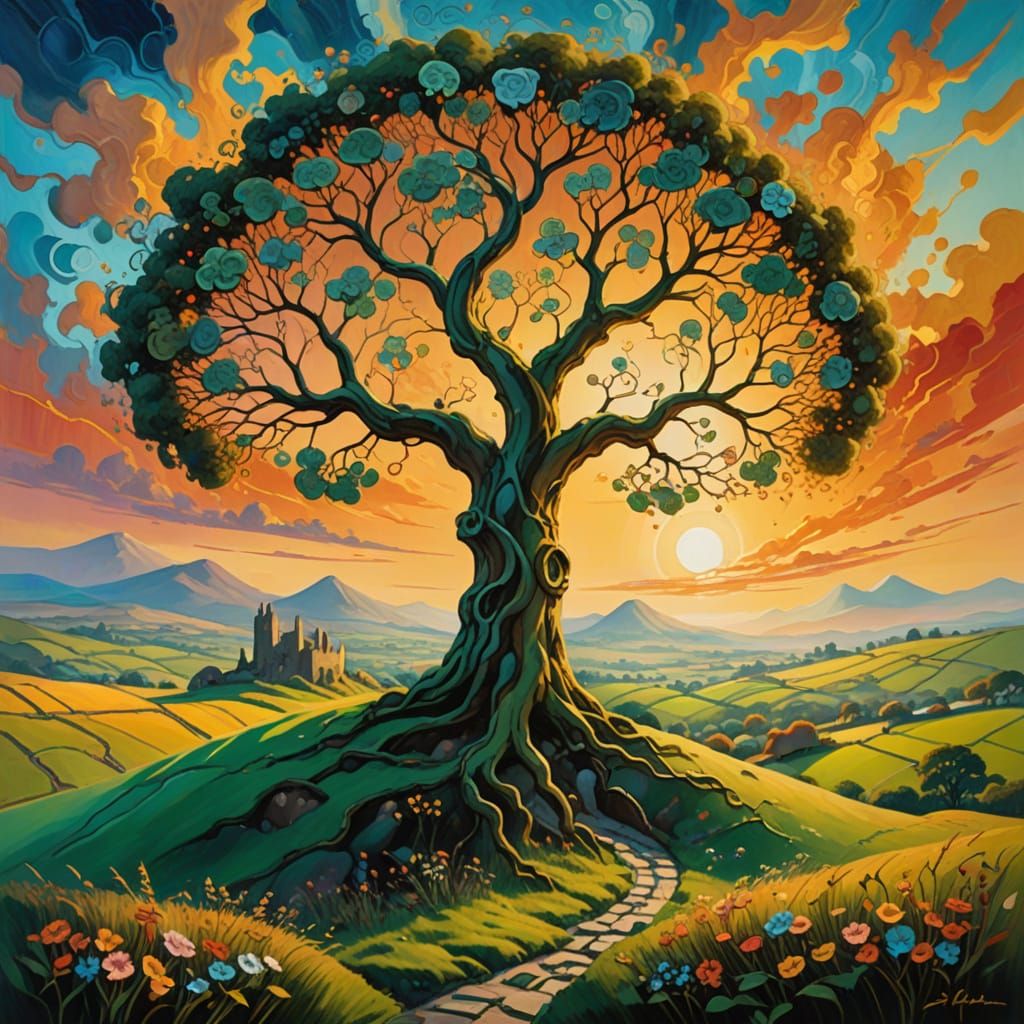 Glowing Tree of Life with Blossom Portal in Surrealist Style