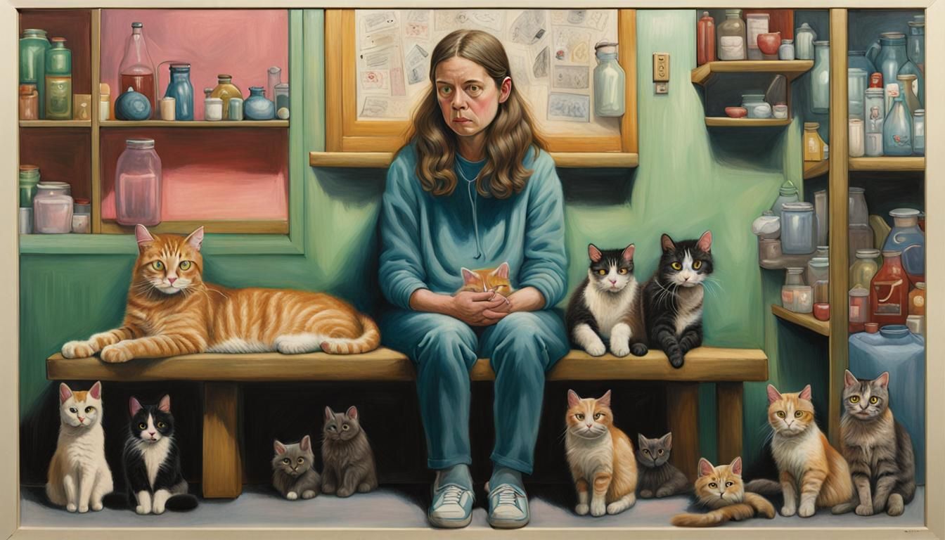 Woman and Cat in Pastel Cartoon Style