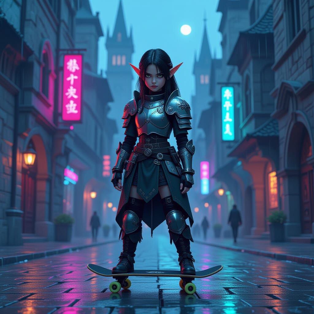 Elf Skater in Medieval Cyberpunk City