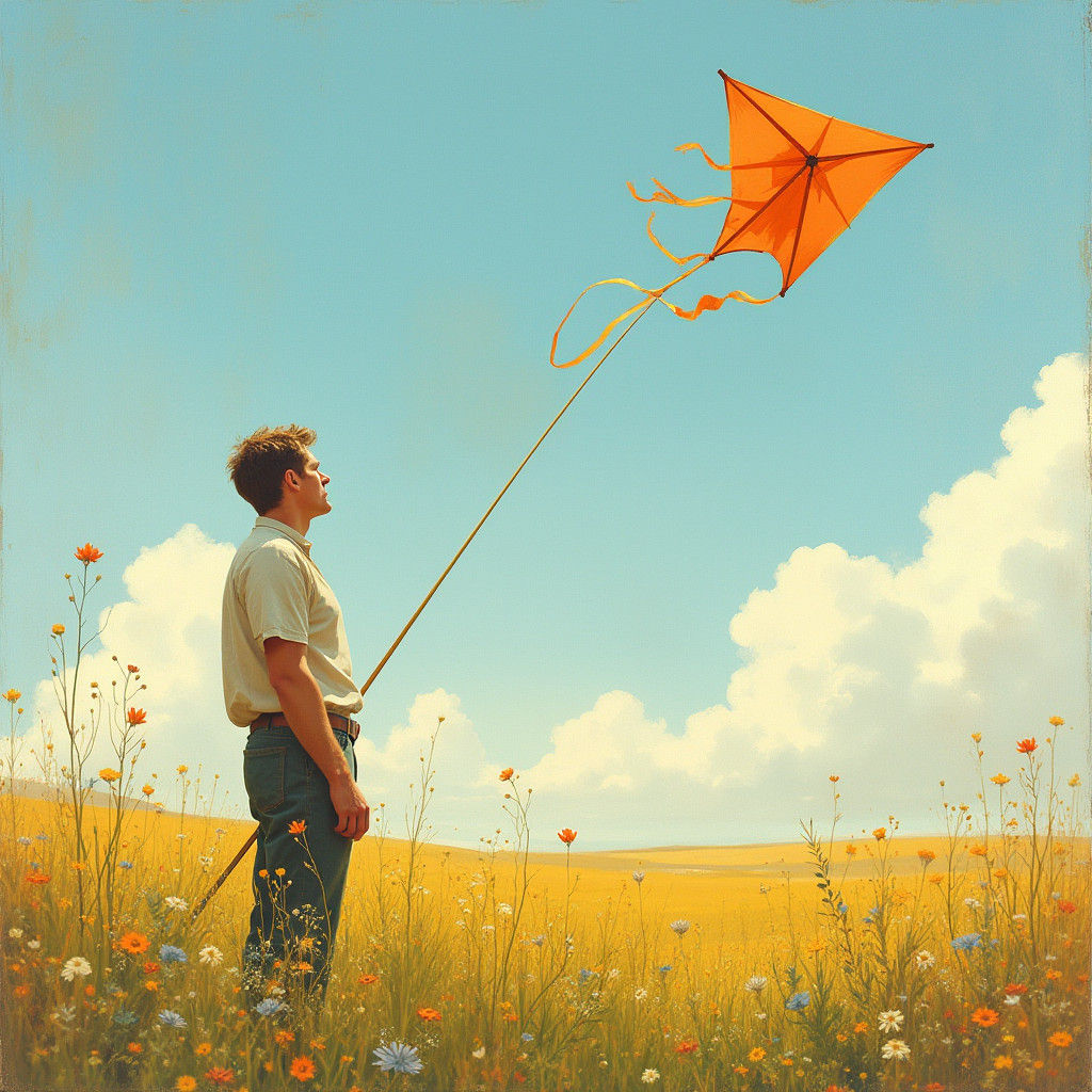 Man with Kite in Dreamy Rural Landscape