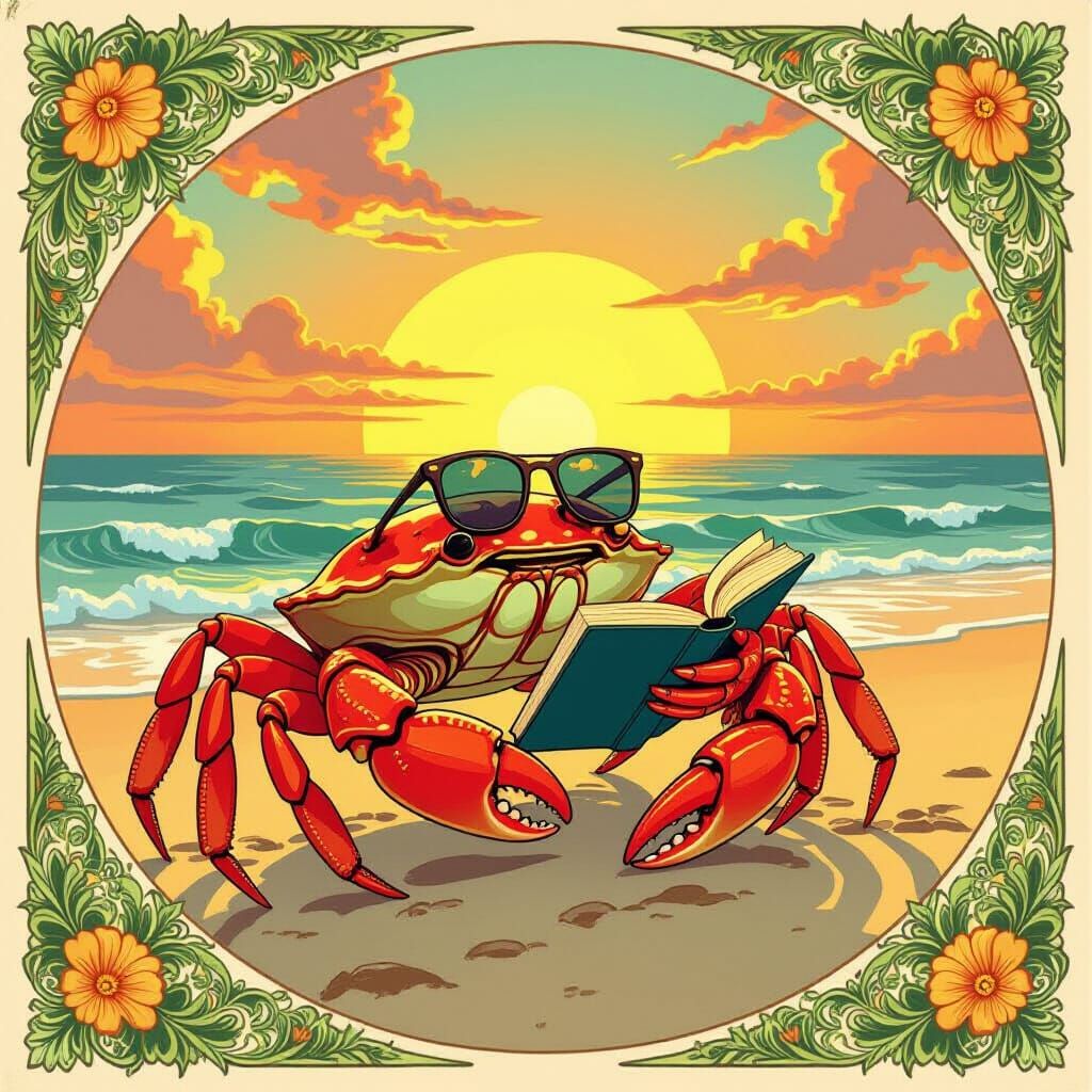 Art Nouveau Crab Writes Book on Sunset Beach