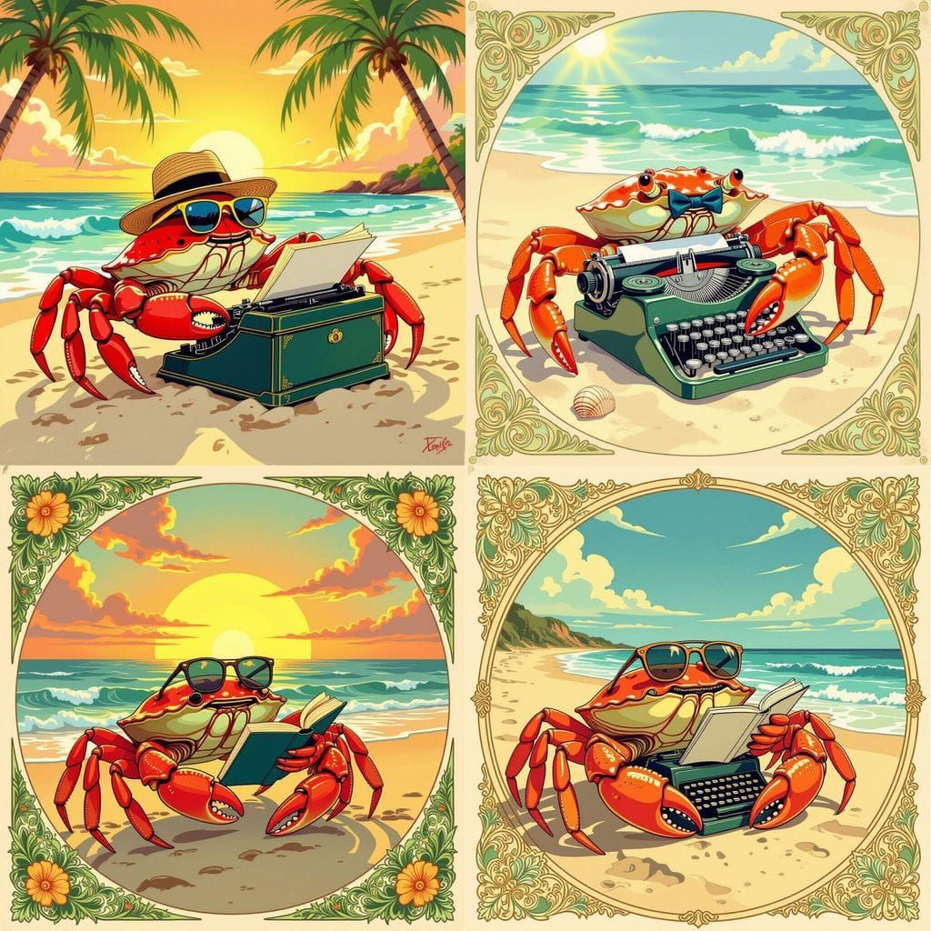 Art Nouveau Crab Writes Book on Beach