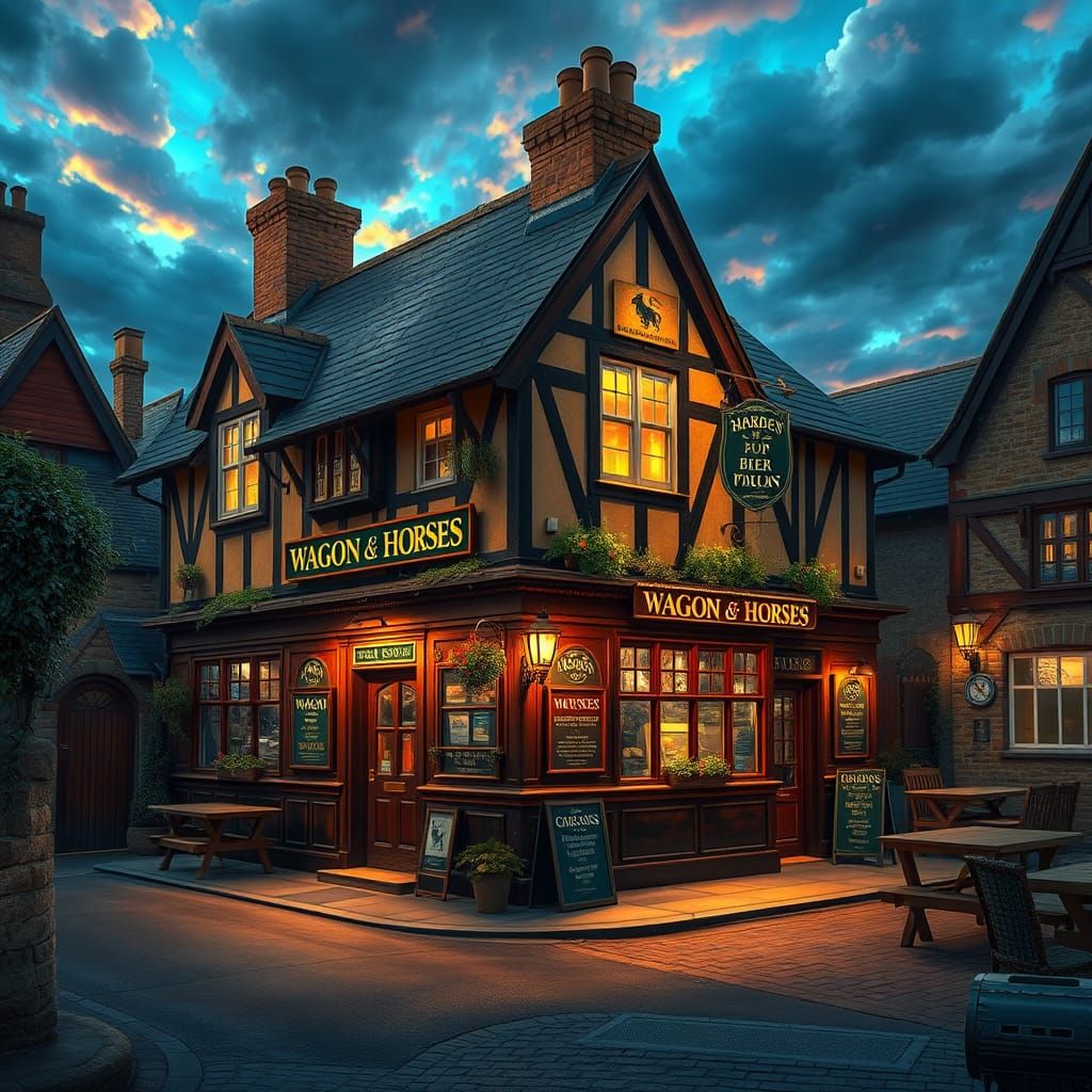 British Pub in Idyllic Village: Wagon and Horses