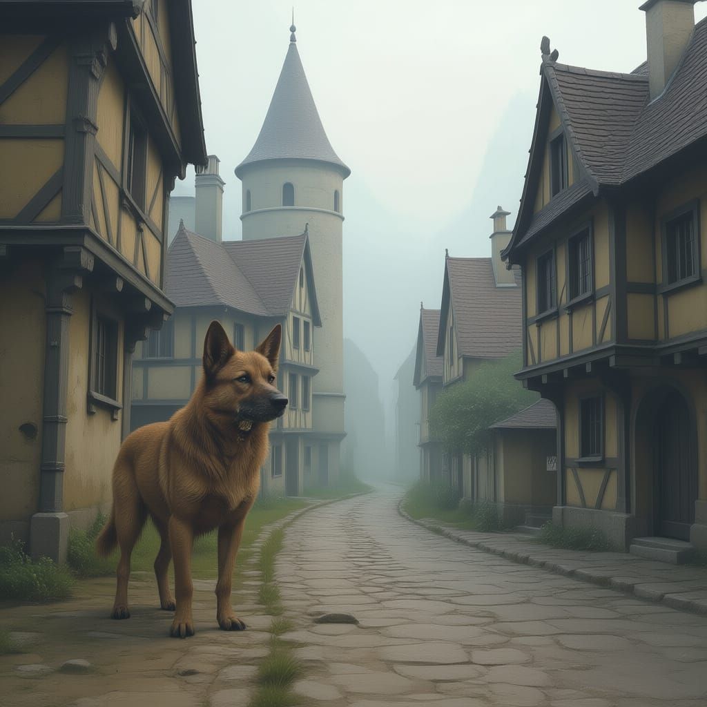 Impressionist Oil Painting of Dog at Medieval Village Edge