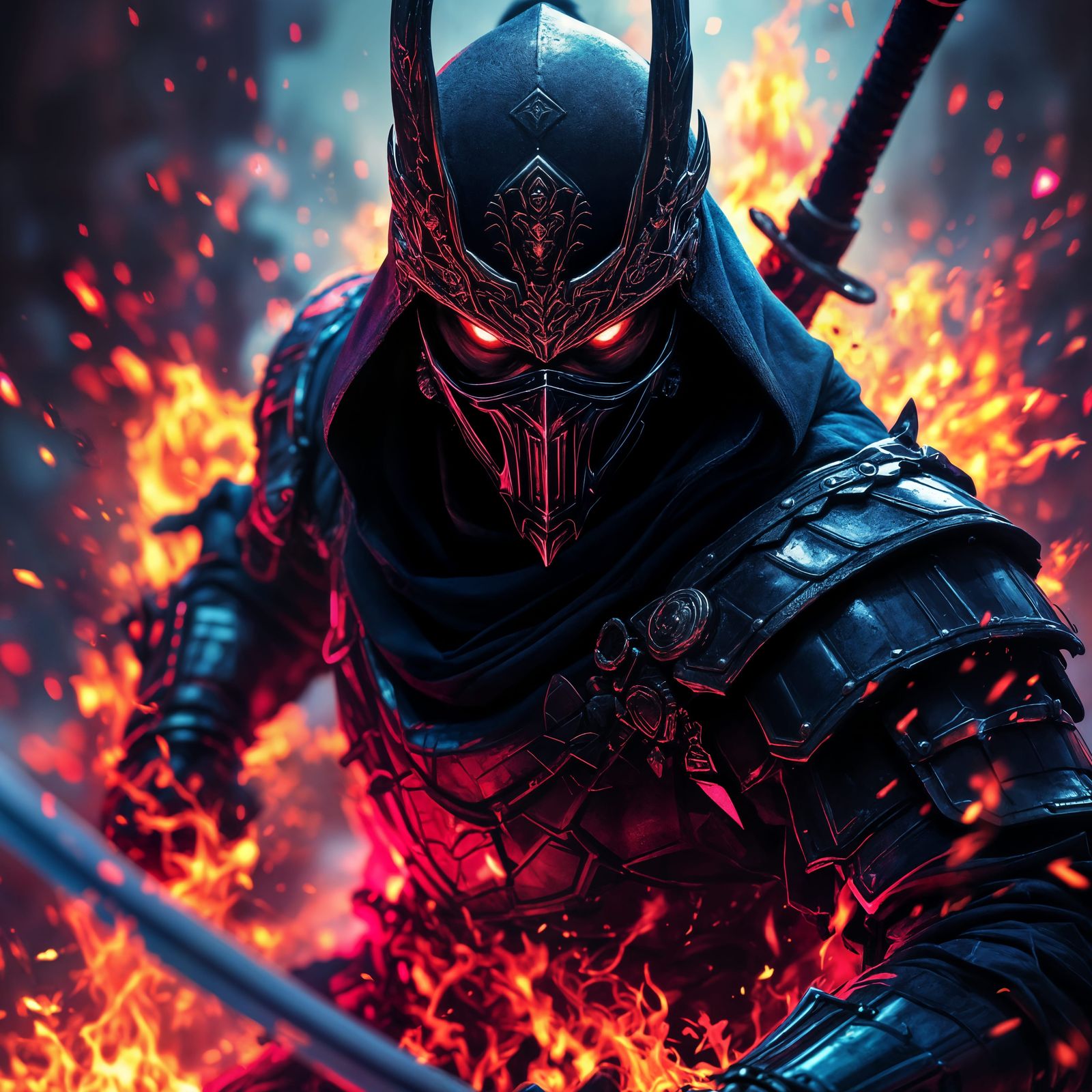 Epic Neon Ninja Portrait in Triadic Colors