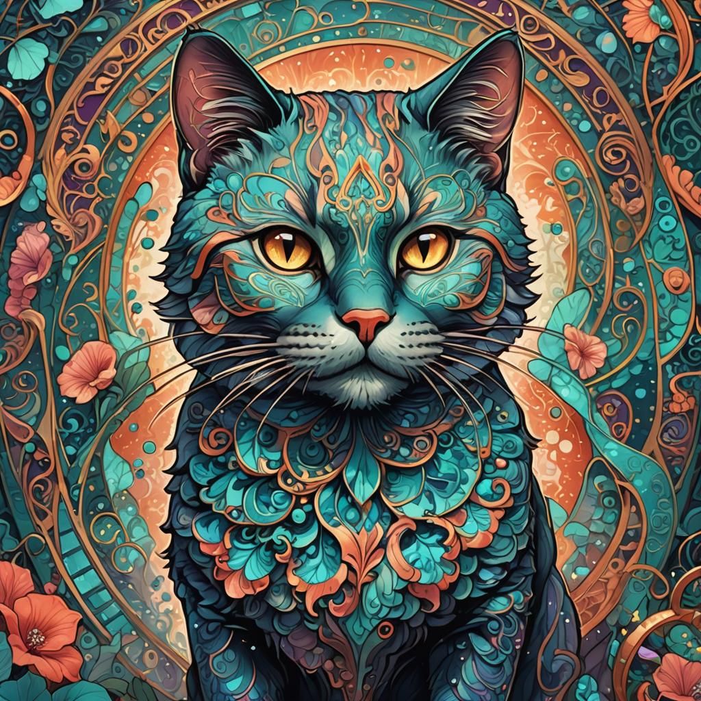 Ornate Cat Purse Hologram in Art Nouveau Style