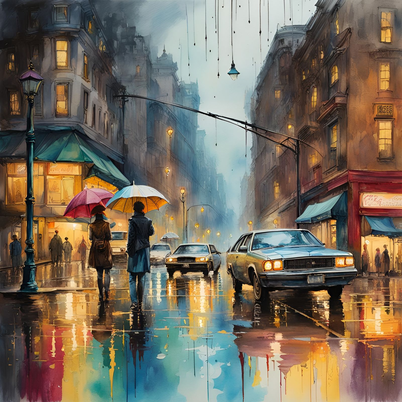 Rainy Dystopian Cityscape in Watercolor Style