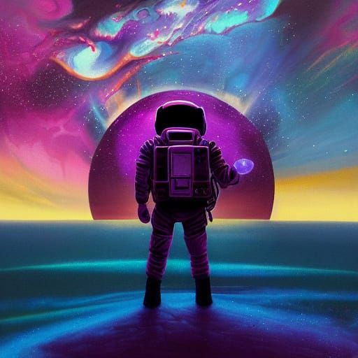 Astronaut on Desolate Planet Reflecting Nebula