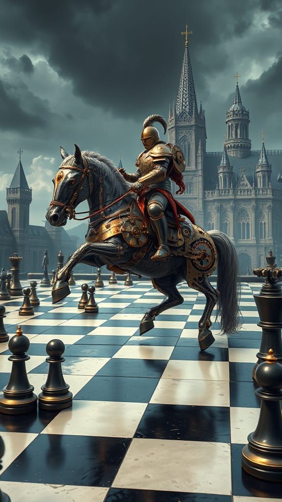 Steampunk Knight on Mechanical Horse Charges Across Medieval...