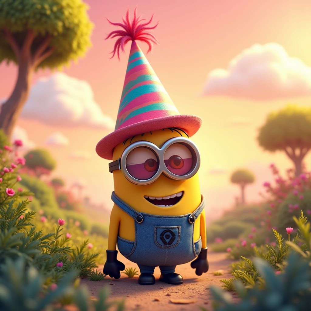 Vibrant Minion Character in Whimsical Fantasy Scene