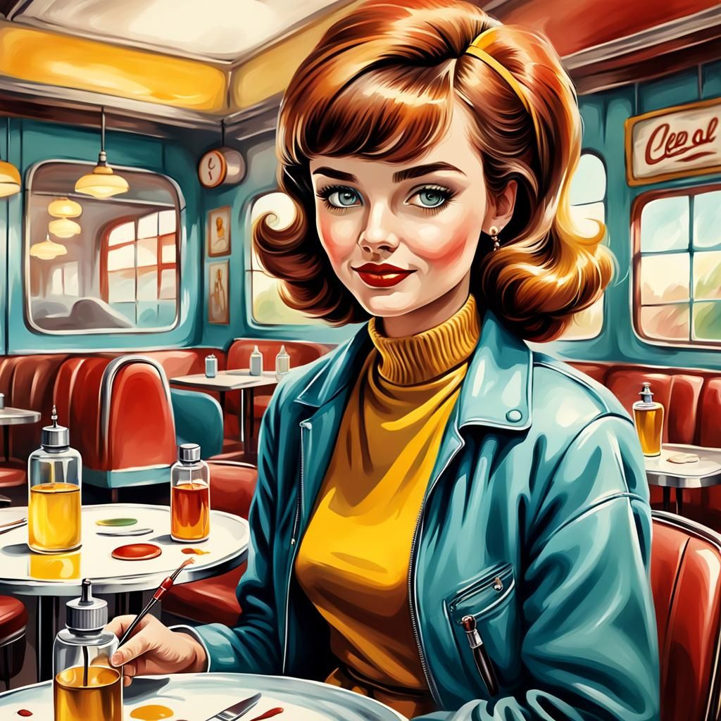 Retro Restaurant Illustration in Oil Painted Airbrush Style