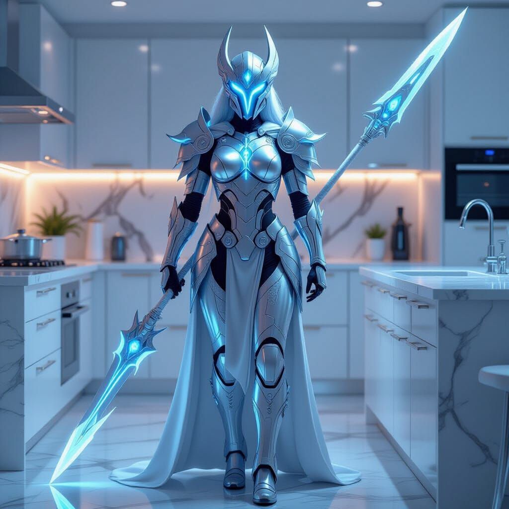 Cybernetic Valkyrie Warrior in Modern Kitchen, Digital Art