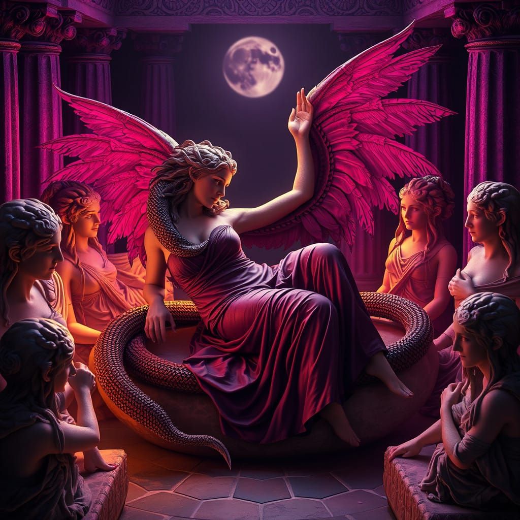 Mystical Siren Among Hoplite Guardians in Ancient Temple