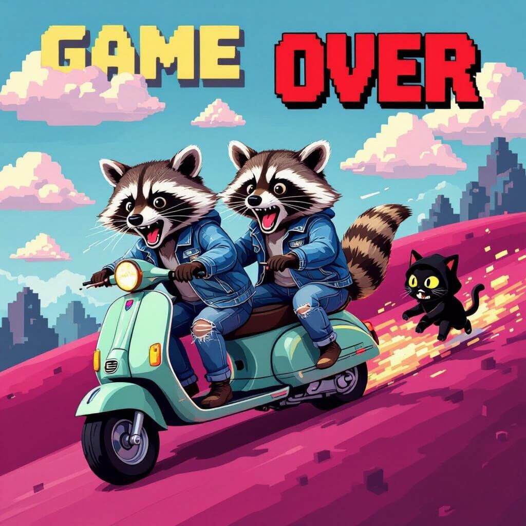 Racing Raccoons' Pixelated Game Over