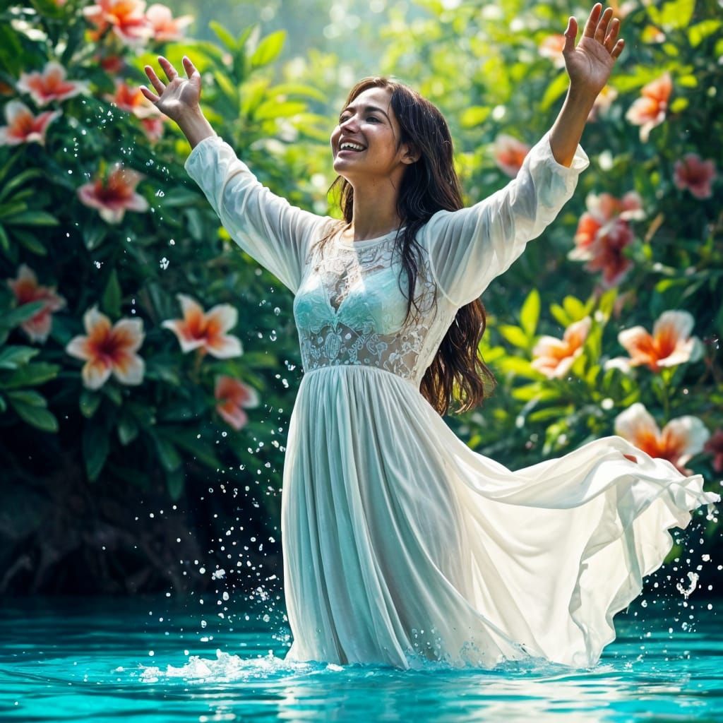 Woman in Flowing Dress in Turquoise Water
