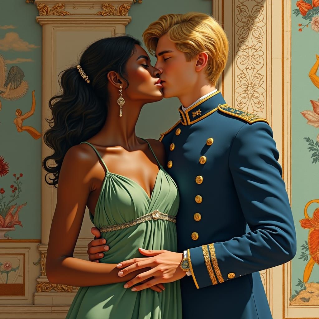 Romantic Kiss Before a Roman Fresco