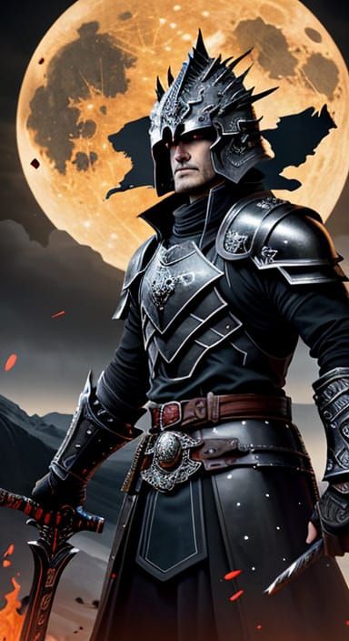 Epic Dark Fantasy Warrior Under Full Moon