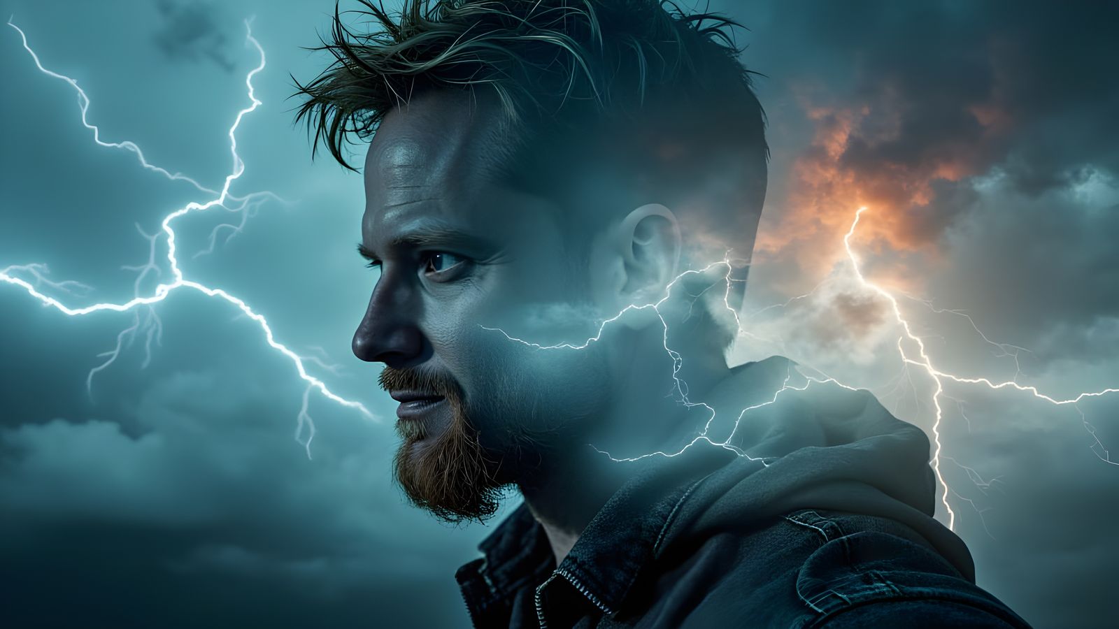 Double Exposure Portrait: Profile and Thunderstorm