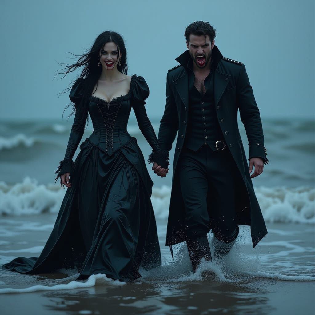 Vampire Couple Emerging from Stormy Sea