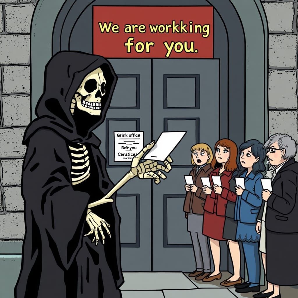 Grim Reaper in Absurdist Bureaucracy, Animated Style