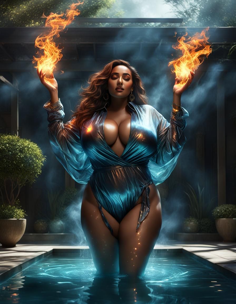 Cosmic Fire Woman in Pool: Dark Fantasy Art