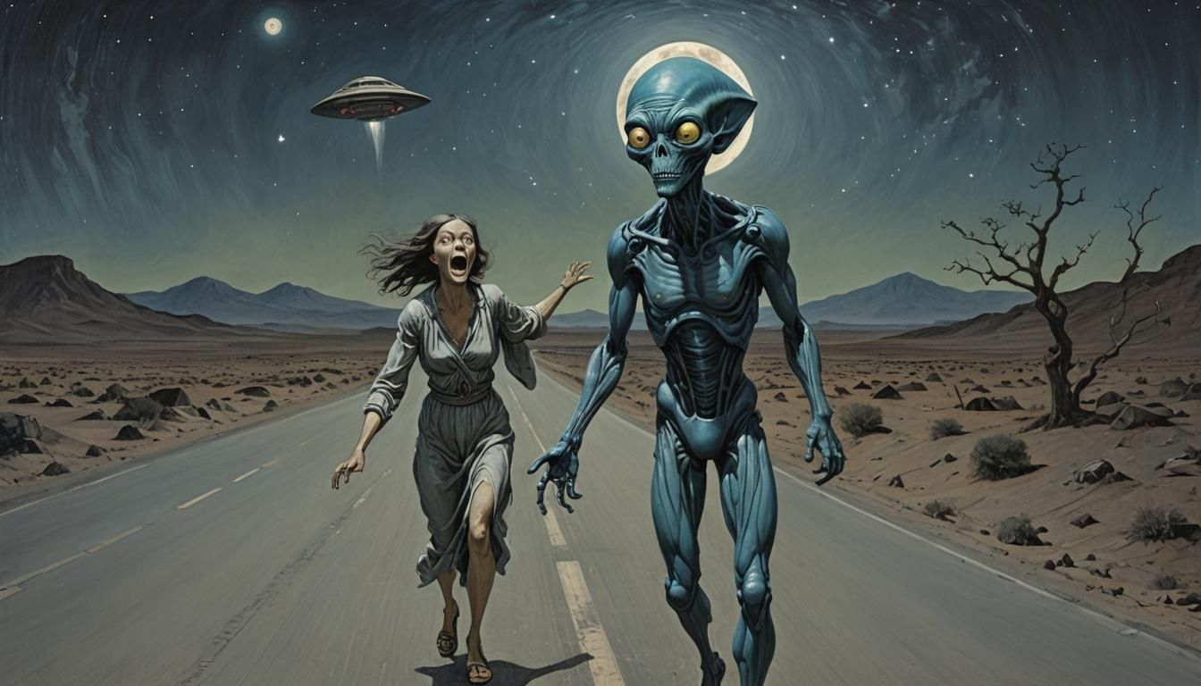 Alien Terrorizes Woman on Deserted Road at Night