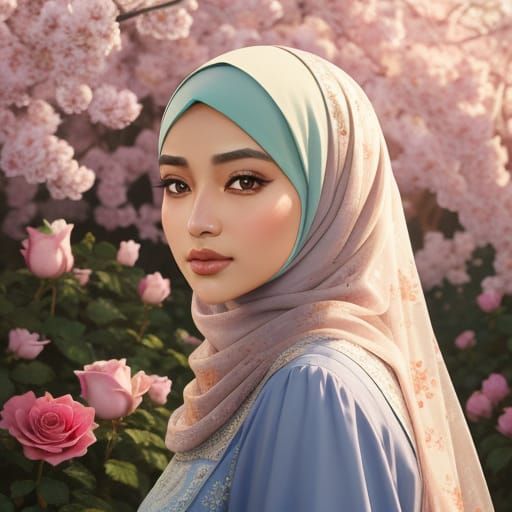 Hijab Woman in Rose Garden: Vibrant Oil Painting