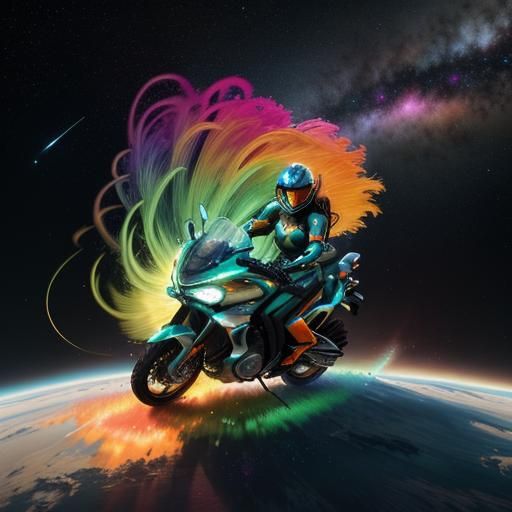 Iridescent Woman Rides Grass Wave in Space