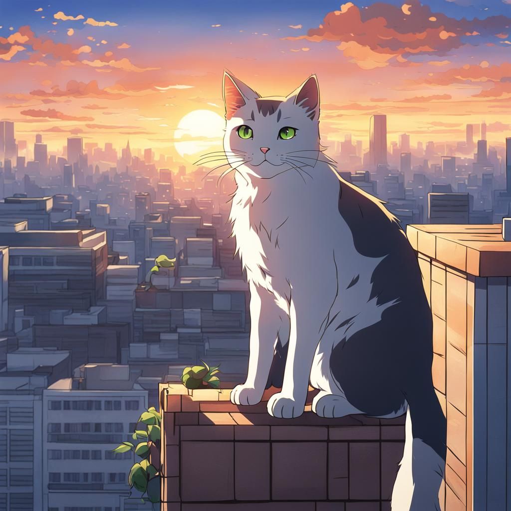 Anime Cat Contemplates Sunrise View