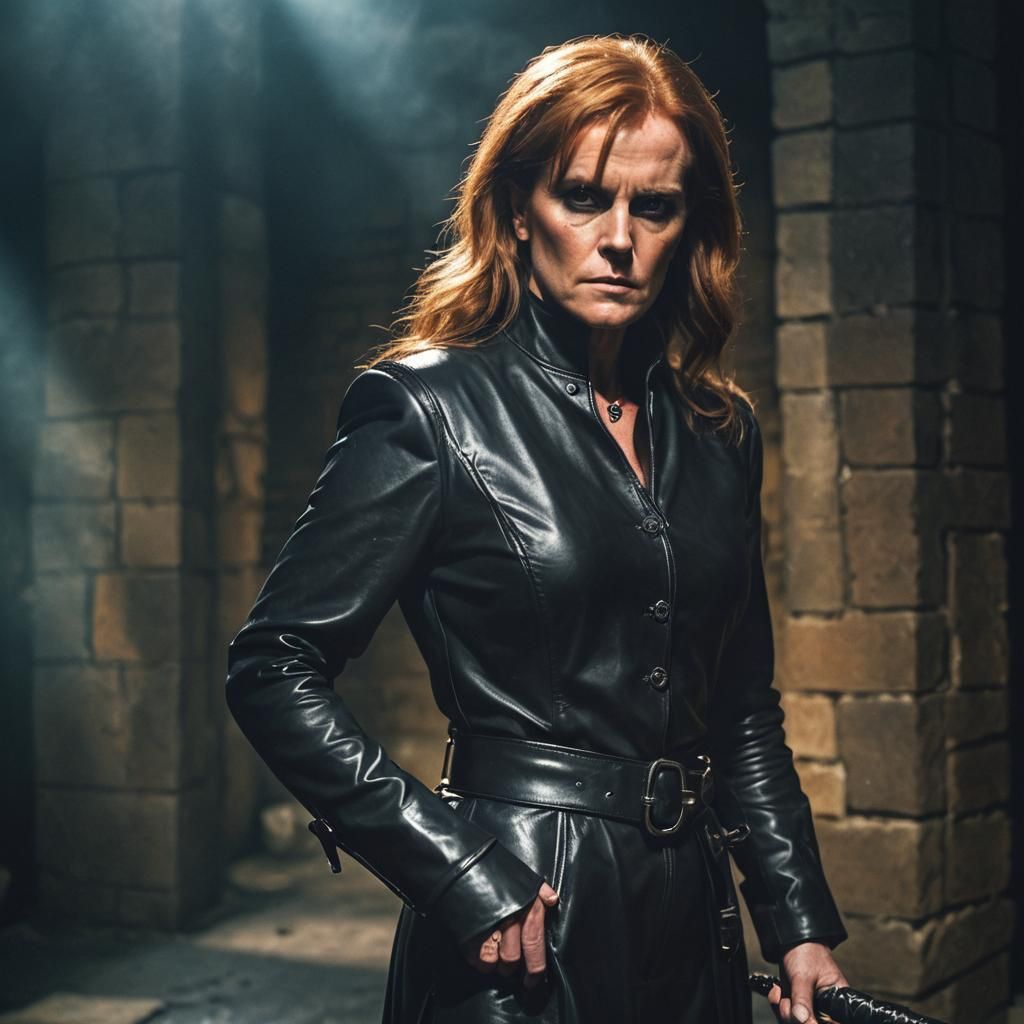 Dramatic Portrait of Woman with Whip in Dungeon