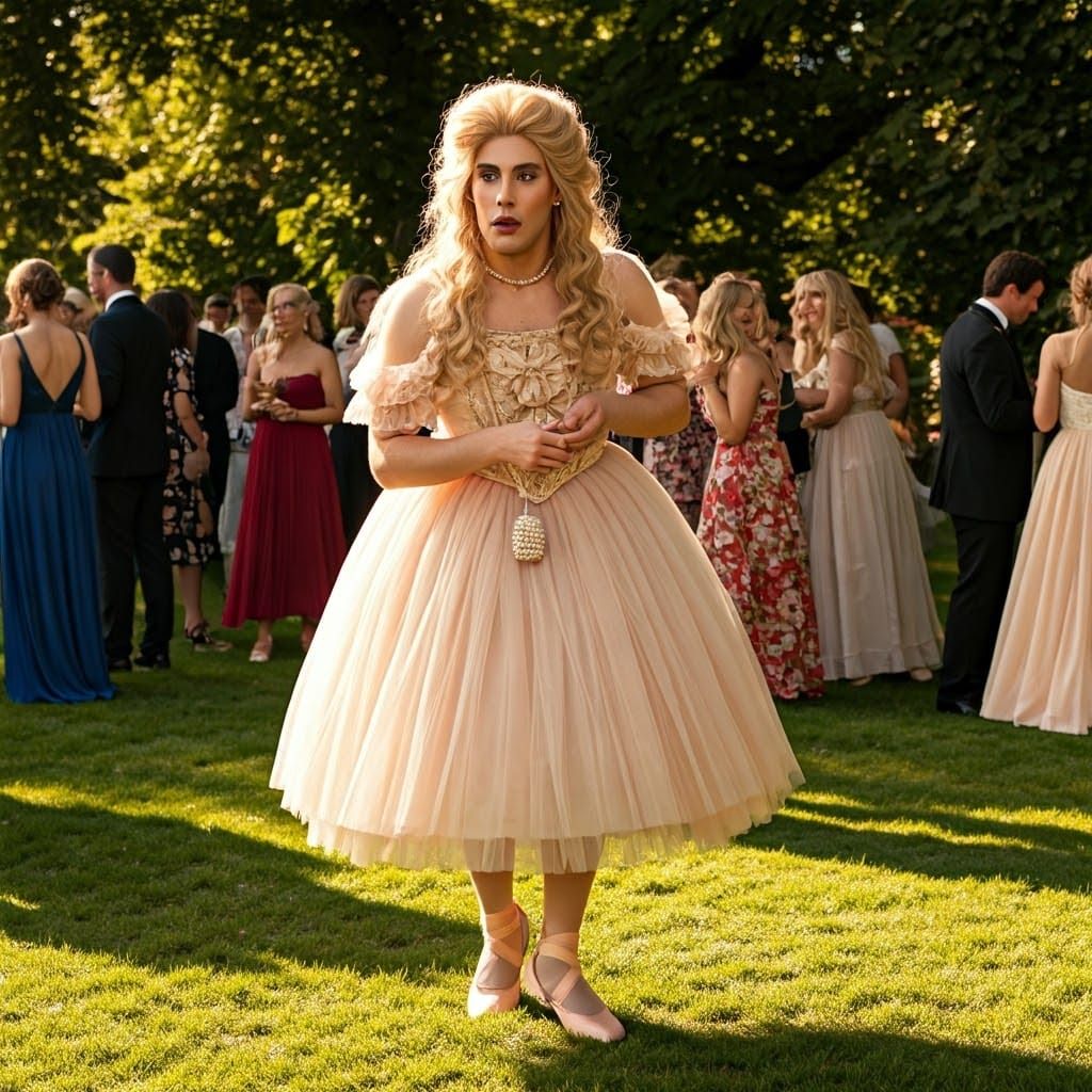 Youthful Gentleman Frozen in Fear in Elegant Ballerina Dress