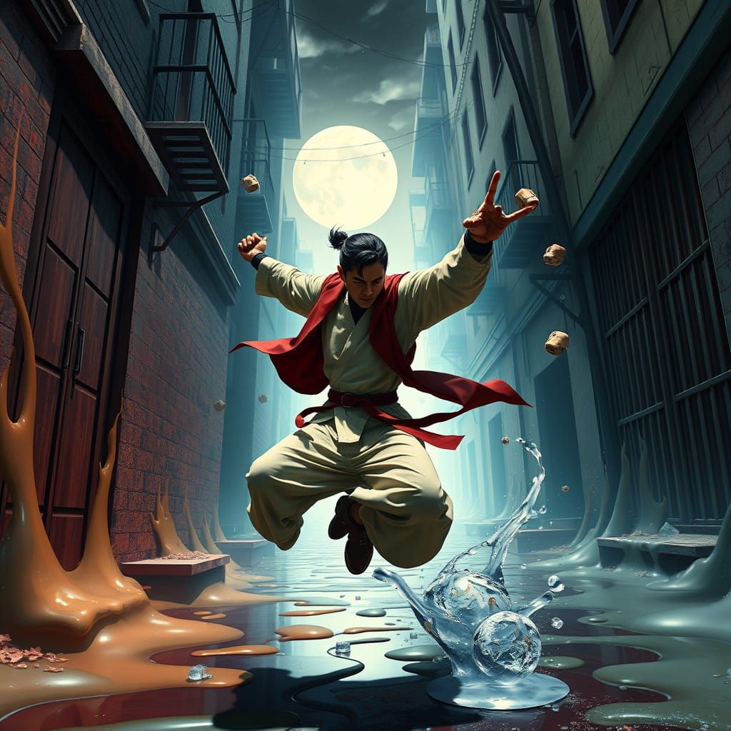 Surreal Martial Artist in Liquified Alleyway