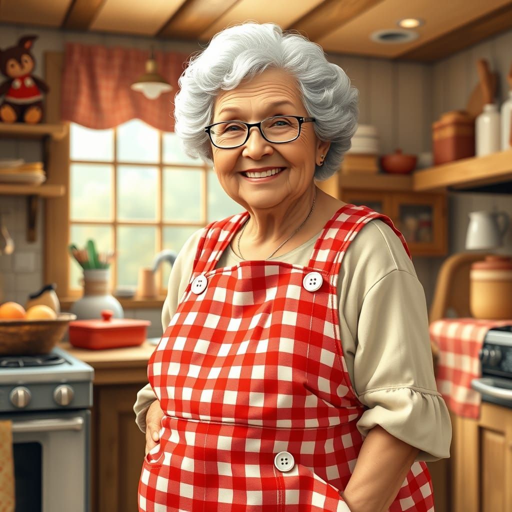 Warm Grandma in Cozy Red Gingham Apron