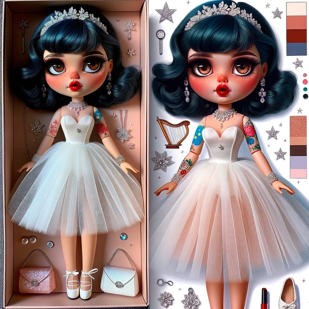 Glamorous Plus-Size Doll in Retro Style with Dark Hair and B...