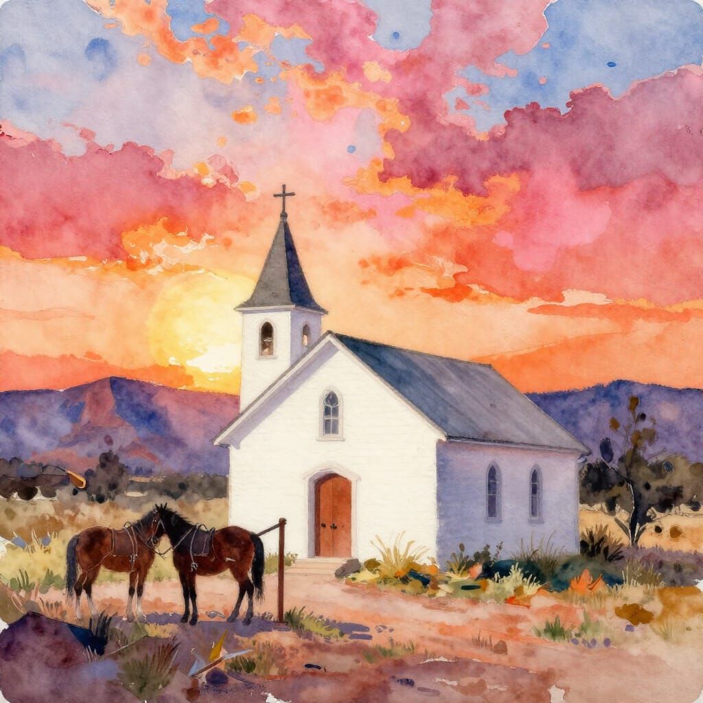 Watercolor Church in Superstition Mountains at Sunset