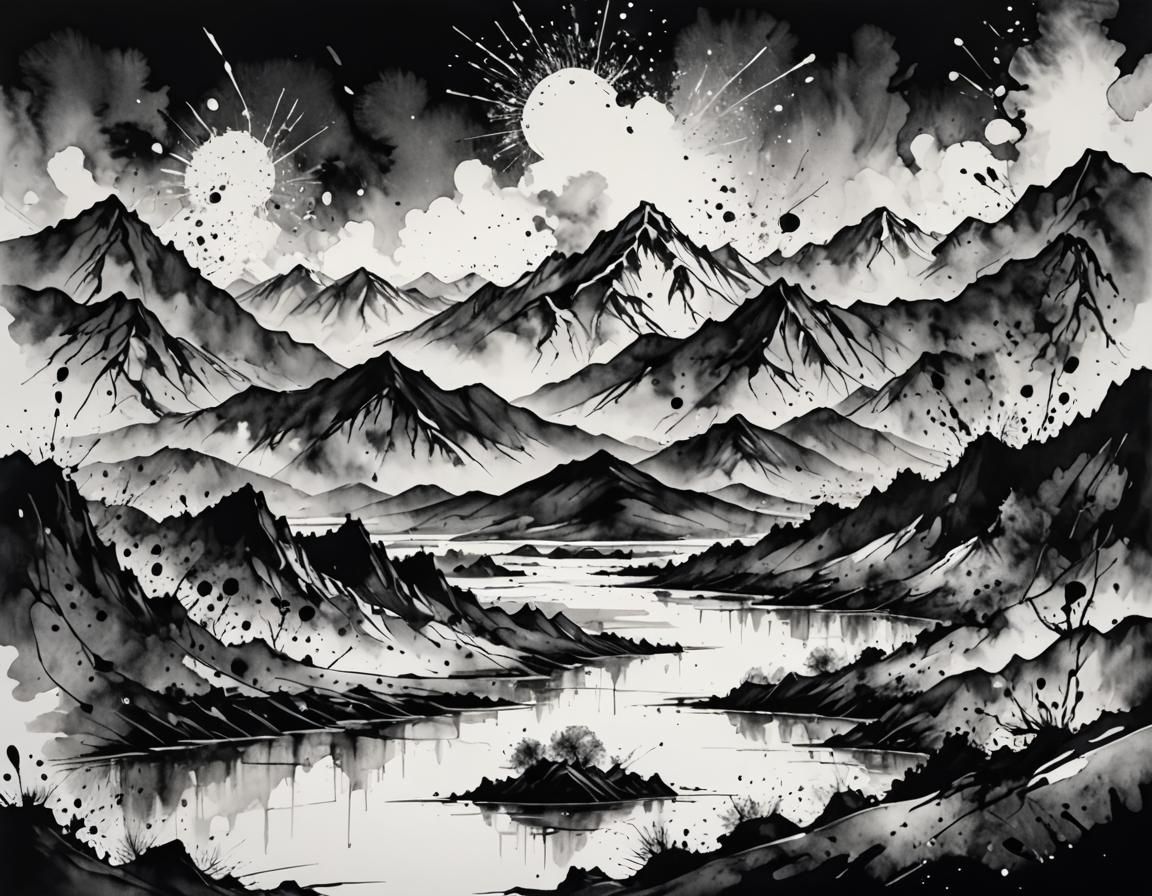 Ink Splatter Landscape in Black and White